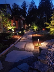 landscape lighting fixtures along a path