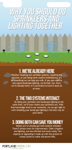 an infographic illustrating why you should do sprinklers and landscape lighting together
